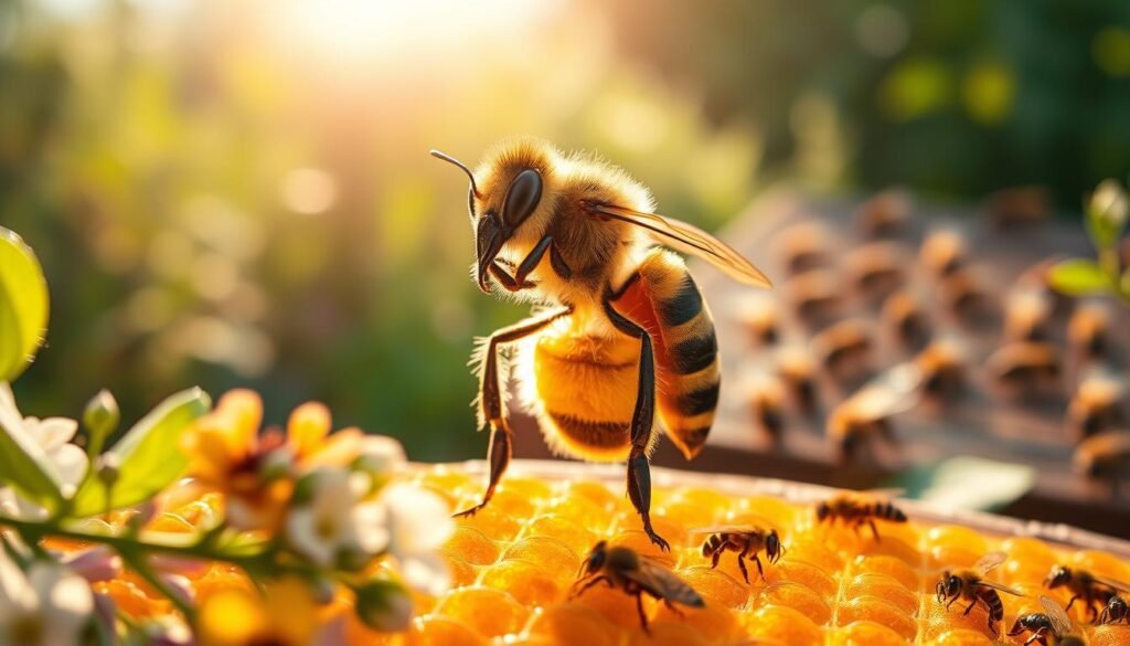 A regal, newly crowned queen bee, adorned with shimmering golden hues and intricate patterns on her body, stands proudly on a honeycomb. In the foreground, she is framed by a delicate arrangement of flowers and soft green leaves, highlighting her importance. The middle ground features busy worker bees diligently tending to the hive, creating a sense of unity and purpose. In the background, a gently blurred apiary under a bright, soft sunlight adds warmth and life to the scene, evoking a tranquil yet productive atmosphere. The image captures the essence of renewal and hope, emphasizing the significance of a queen in maintaining hive health. Use a soft focus lens to enhance the dreamy feel, with natural, warm lighting to emphasize the golden hues. A regal, newly crowned queen bee, adorned with shimmering golden hues and intricate patterns on her body, stands proudly on a honeycomb. In the foreground, she is framed by a delicate arrangement of flowers and soft green leaves, highlighting her importance. The middle ground features busy worker bees diligently tending to the hive, creating a sense of unity and purpose. In the background, a gently blurred apiary under a bright, soft sunlight adds warmth and life to the scene, evoking a tranquil yet productive atmosphere. The image captures the essence of renewal and hope, emphasizing the significance of a queen in maintaining hive health. Use a soft focus lens to enhance the dreamy feel, with natural, warm lighting to emphasize the golden hues.