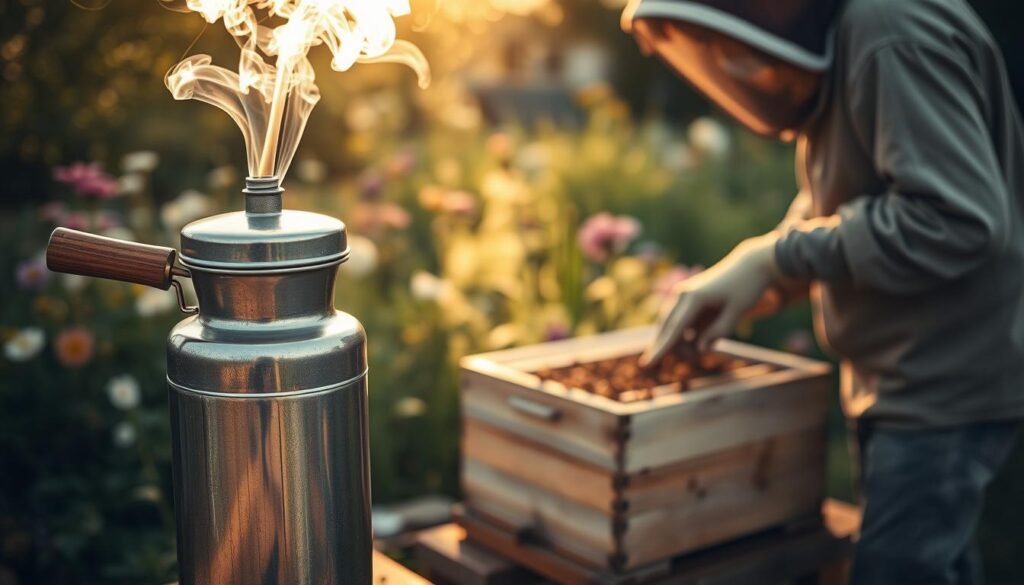 A rustic bee smoker, made of stainless steel with a wooden handle, sits prominently in the foreground. The smoker is lit, with wisps of white smoke curling upward, creating a calming, soothing atmosphere. A beekeeper in modest casual clothing, wearing a protective veil and gloves, can be seen gently holding the smoker with one hand while approaching a wooden beehive in the middle ground, which is busy with bees. In the background, a serene garden filled with flowers and greenery adds a natural touch, bathed in soft, warm sunlight of early evening. The overall mood is tranquil and inviting, capturing the essence of a practical technique to calm a hot hive in a peaceful apiary setting.