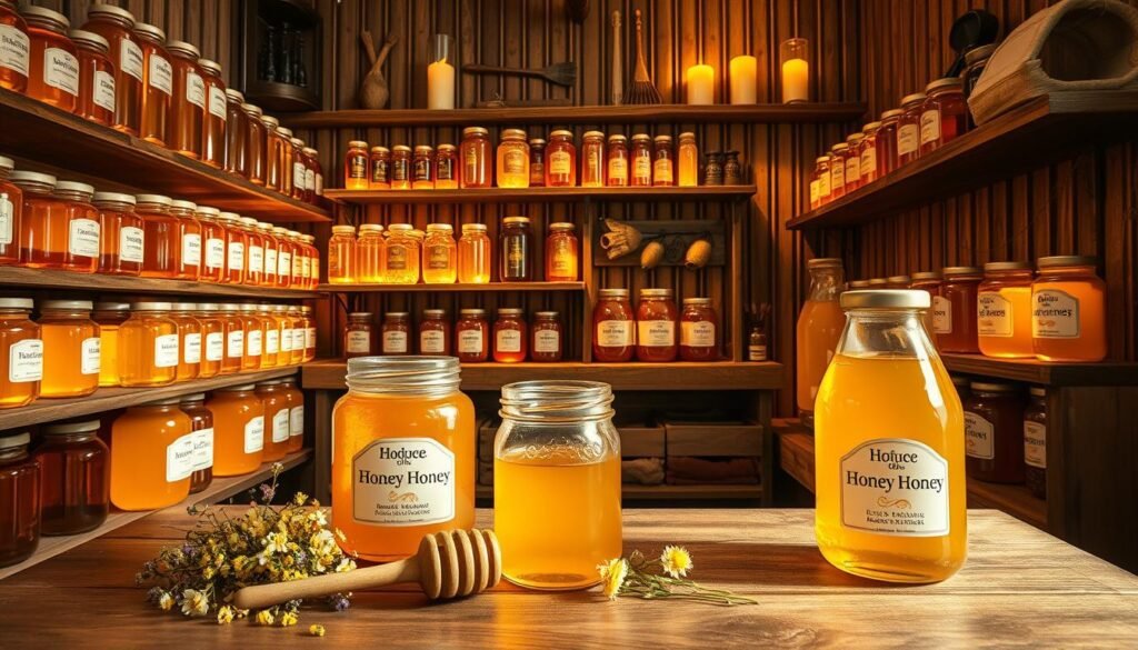 A rustic honey store, with shelves filled with jars of golden honey in various shapes and sizes, each meticulously labeled. The foreground features a wooden table displaying an open jar of honey, a honey dipper resting beside it, and fresh wildflowers to enhance the natural feel. In the middle, the store is warmly lit, accentuating the shining honey and creating a cozy atmosphere. The background showcases slatted wooden walls adorned with beeswax candles and beekeeping tools, hinting at the artisanal process of honey production. Soft, diffused lighting casts gentle shadows, evoking a tranquil and inviting mood, perfect for showcasing best practices in honey storage. The camera angle is slightly elevated, capturing the honey store's charm while focusing on the honey jars.