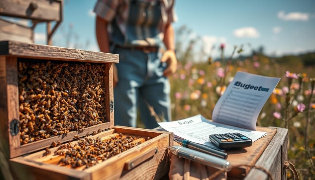 A rustic outdoor setting featuring a budget-friendly beekeeping setup. In the foreground, a wooden beehive with a detailed, open view revealing busy bees and honeycomb. A well-organized, cost-effective toolkit sits beside the hive, including basic tools like a smoker, hive tool, and protective gloves, all neatly arranged. In the middle ground, a person in modest casual clothing examines a budget sheet, with a calculator and pen, symbolizing the financial aspect of beekeeping. The background showcases a gentle, sunny landscape of blooming flowers and a clear blue sky, suggesting a productive environment for bees. Soft, warm lighting enhances the inviting atmosphere, while a shallow depth of field focuses on the beekeeping elements, creating a serene and educational mood about budgeting in beekeeping.