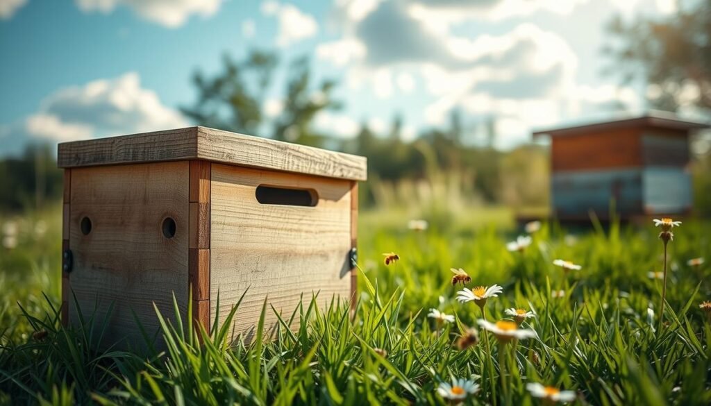 A rustic wooden box designed for beekeeping, weathered and worn, placed on a lush green meadow. The foreground showcases the box with dimensions suitable for catching swarms, crafted with small ventilation holes and a natural finish. In the middle ground, golden bees can be seen buzzing around, hinting at their activity, while a few delicate wildflowers add a pop of color. The background features a soft-focus hive and a bright blue sky with fluffy white clouds, suggesting a serene late afternoon ambiance with gentle sunlight filtering through the trees. The composition conveys a sense of tranquility and purpose, perfect for a guide on safe beekeeping practices.