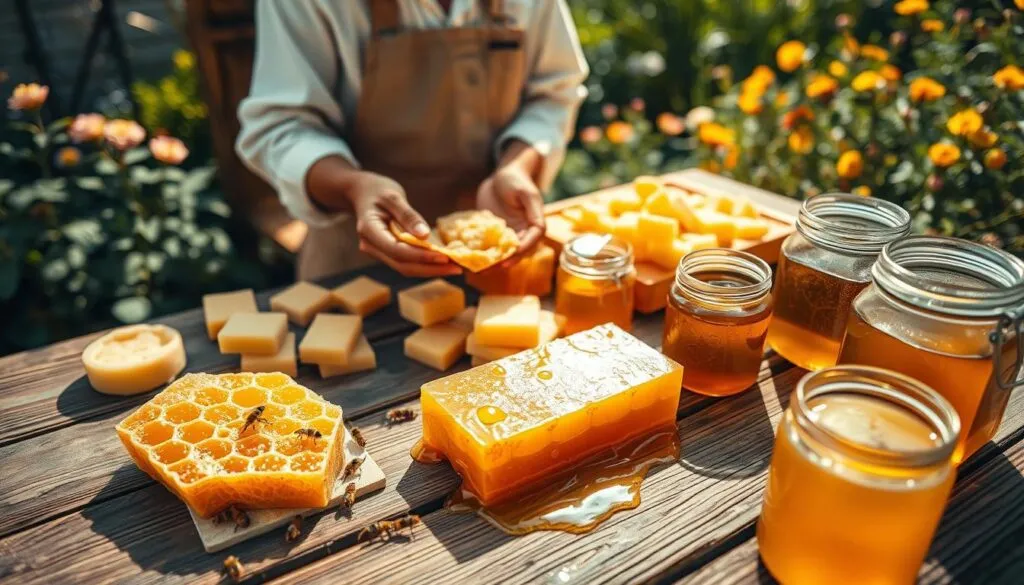 A rustic wooden table filled with freshly harvested beeswax chunks and glistening honey in jars. In the foreground, a honeycomb slab with golden honey dripping, surrounded by small bees. The middle ground features a beekeeper in modest, professional attire, gently handling the wax, showing a caring approach to the process. The background includes a lush garden with flowering plants, bathed in soft, natural sunlight that casts warm, inviting shadows. The overall atmosphere is serene and industrious, embodying a connection to nature and the rewarding process of honey and beeswax harvesting. Angle the shot slightly from above to capture both the beekeeper's actions and the vibrant textures of the beeswax and honey.