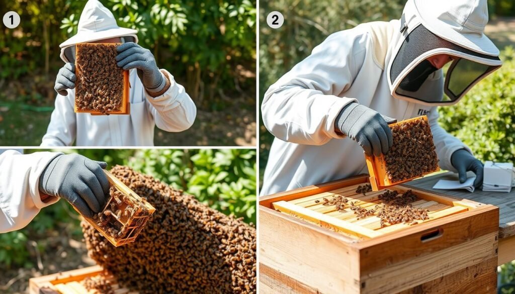 A sequence showing the steps of installing a package of bees into a new hive