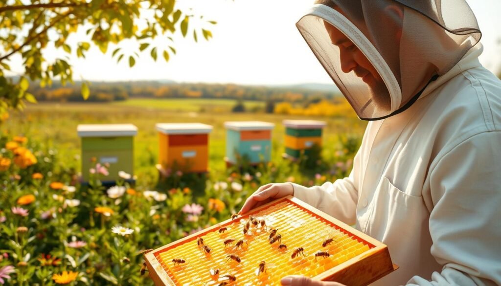 A serene and bustling honey production scene set within a vibrant apiary. In the foreground, a beekeeper, dressed in professional attire with a protective veil, inspects a honeycomb frame brimming with golden honey, glistening under warm, natural sunlight. The middle ground features busy bees foraging among colorful wildflowers, gathering nectar, while a few hives stand proudly, painted in pastel colors. In the background, a lush green landscape fades into the horizon, suggesting seasonal changes with hints of autumn foliage. Soft, diffused lighting enhances the warm atmosphere, giving a sense of harmony between nature and industry. The focus is on the intricate details of honeycomb and bees, evoking a sense of tranquility and the essential rhythm of honey production across seasons.