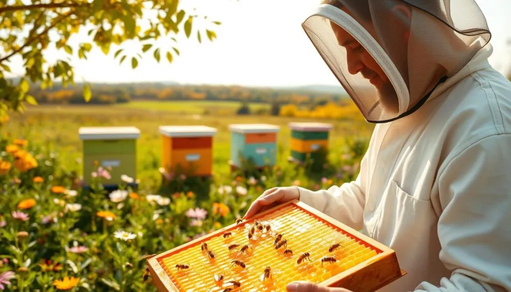 A serene and bustling honey production scene set within a vibrant apiary