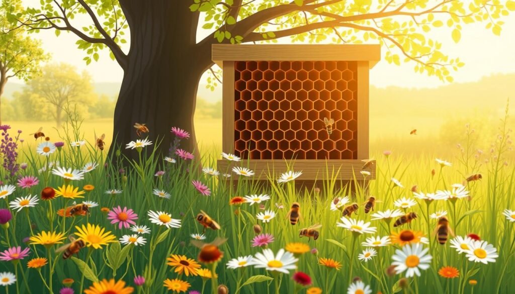 A serene and detailed illustration depicting the timing of nectar flow in a bee habitat. In the foreground, a vibrant wildflower meadow is blooming with a variety of colorful flowers, bees actively collecting nectar. In the middle, a well-organized beehive is shown with a few honeycomb cells partially filled, indicating the bees' growth in response to the rich environment. The background features a sunlit landscape, with soft sunlight filtering through trees, showcasing the seasonal changes, like fresh green leaves signaling spring. The mood is lively yet calm, embodying the harmony of nature in a warm, golden light. The angle should be slightly elevated, capturing the full view of this thriving ecosystem without any text or watermarks.