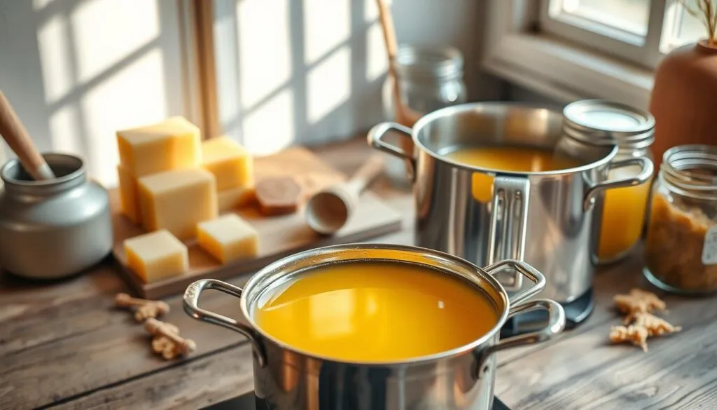 A serene and inviting workspace focused on the clean beeswax purification process. In the foreground, a stainless steel double boiler is gently heating over a soft flame, with melting beeswax glistening in a translucent golden hue. In the middle ground, natural beeswax blocks and honeycomb remnants are neatly arranged, alongside a wooden ladle and mason jars for storage. The background features soft, natural lighting filtering through a window, casting warm shadows across the scene, enhancing the rich textures of the beeswax and wood. The overall atmosphere is calm and organic, emphasizing a respect for nature's resources in the purification process. The camera angle captures this workspace from slightly above, providing a comprehensive view of the method and its components.