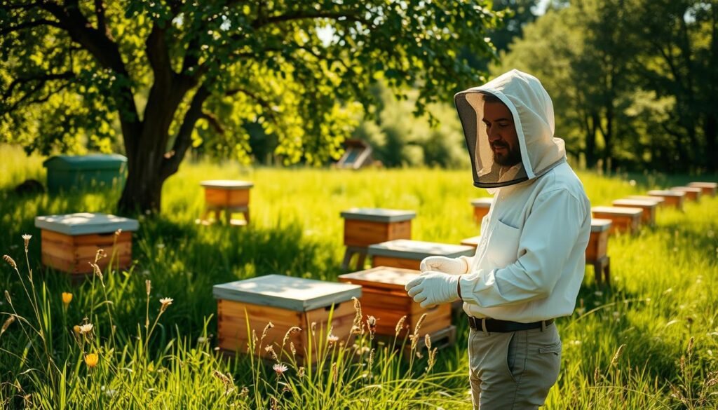 A serene apiary location in a sunny meadow, featuring multiple wooden beehives arranged neatly among lush green grass and wildflowers. In the foreground, a beginner beekeeper in modest, professional attire stands with a thoughtful expression, examining a hive, with protective gloves and a veil to ensure safe handling. In the middle ground, bees are actively buzzing around the hives, showcasing the vibrant life of the colony, while a nearby tree provides a natural backdrop. The scene captures the essence of thoughtful and cautious beekeeping, emphasizing the importance of location and access. Soft, warm sunlight filters through the leaves, creating an inviting and peaceful atmosphere, with a shallow depth of field to focus on the beekeeper and the hives, enhancing the sense of harmony with nature.