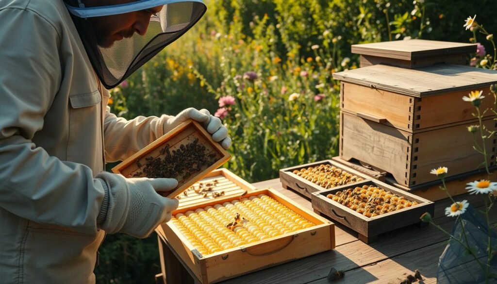 A serene apiary scene depicting a beekeeper in modest casual clothing, carefully performing a walk-away split to raise a new queen. In the foreground, show the beekeeper inspecting a frame filled with capped brood and emerging bees, wearing protective gloves and a veil. The middle ground features a wooden beehive with various frames laid out on a table, where separated queen cells are visible, glistening in the sunlight. Surrounding the scene, blooming wildflowers and lush greenery create a vibrant backdrop, while the warm afternoon light casts a golden hue, enhancing the atmosphere of peaceful diligence. The angle captures the beekeeper's focused expression and the dynamism of their work, inviting viewers into the world of queen rearing.