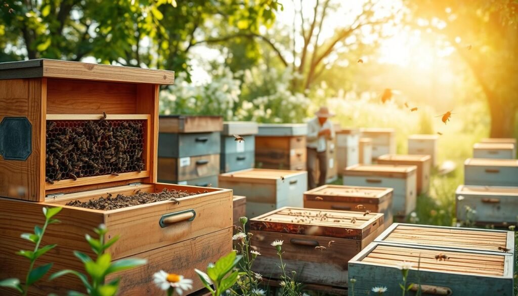 A serene apiary scene showcasing various beehives surrounded by lush greenery. In the foreground, a wooden beehive is open, revealing honeycomb frames filled with bees working diligently. Next to it, a beekeeper in modest casual attire inspects a frame, demonstrating the supering technique. In the middle ground, several hives are strategically placed, each labeled subtly for organization, with bees flying around busily. The background features a soft-focus of blooming wildflowers and trees, allowing a warm, inviting sunlight to filter through the leaves, casting gentle shadows. The atmosphere is calm and productive, highlighting the collaborative nature of bees as they swarm around their hive, emphasizing the importance of creating space in beekeeping practices. Capture this scene with a slightly elevated angle, mimicking the perspective of a bee.
