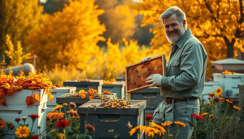A serene autumn landscape showcasing a bustling apiary in fall. In the foreground, detailed beehives adorned with colorful autumn leaves, surrounded by a variety of flowers transitioning in hue. The middle ground features a beekeeper in modest casual attire, carefully inspecting a hive while gently holding a frame full of honeycomb, with a calm smile. The background displays golden and amber trees, their leaves rustling in a soft breeze, under a warm, golden hour sunlight that casts a gentle glow on the scene. The atmosphere is tranquil and productive, evoking a sense of preparation and abundance as bees gather nectar during the final harvest of the season.