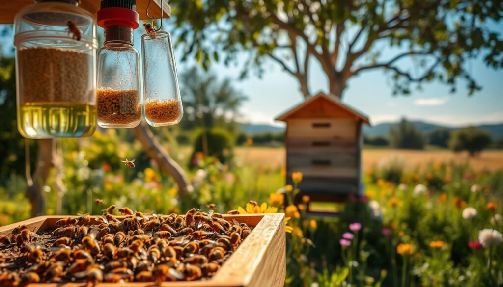 A serene backyard scene focused on the nutrition and feeding of bees, featuring a close-up of a beekeeping feeding station adorned with a variety of sugar water feeders and pollen substitutes. In the foreground, bees are energetically gathered around the feeders, their delicate wings catching the sunlight. In the middle ground, a well-maintained beehive with a wooden exterior sits nestled among vibrant wildflowers and greenery, all bathed in warm, golden hour lighting to create a welcoming, nurturing atmosphere. The background shows a soft-focus landscape of a flourishing garden, with trees and blooming flowers that attract bees, all under a clear blue sky. The overall mood is peaceful and harmonious, emphasizing the importance of proper nutrition for thriving bee colonies.