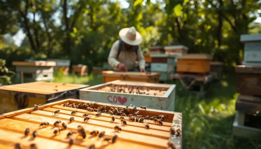 A serene bee yard during a low-disturbance hive inspection, with a beekeeper in modest casual clothing using gentle, careful