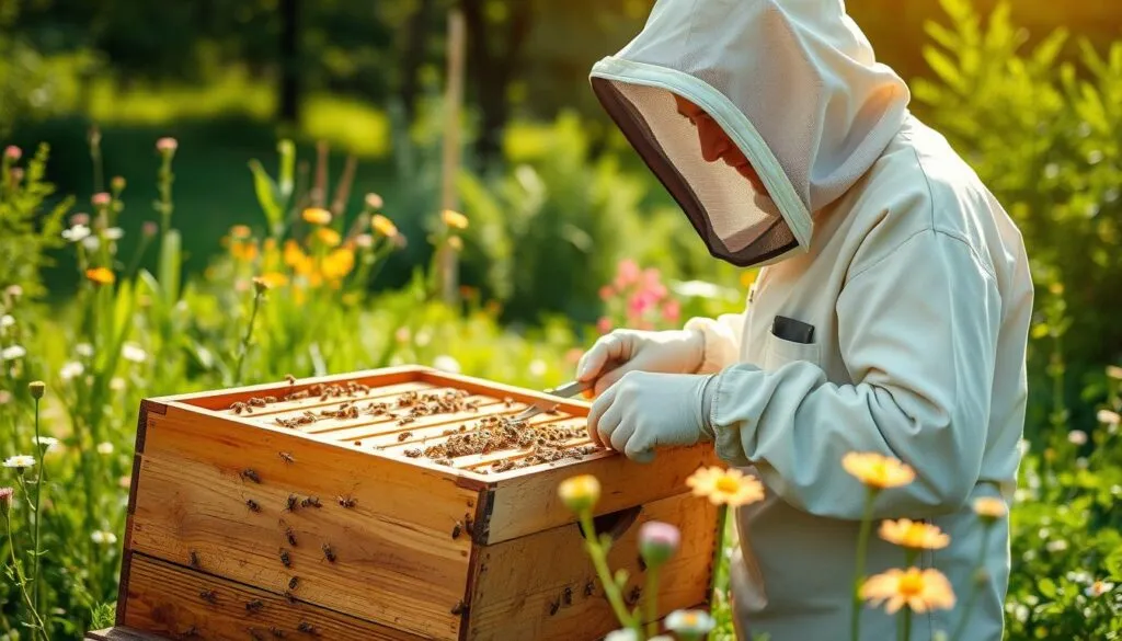 A serene beekeeping scene depicting a beekeeper in a protective suit, carefully handling a hive filled with working bees. In the foreground, the beekeeper is gently opening the hive, with a focus on their methodical movements and the tools they are using, like a hive tool and smoker. The middle ground features the wooden beehive itself with bees buzzing around, showcasing their activity in a sunny outdoor setting. The background includes a lush garden with wildflowers and greenery, enhancing the natural atmosphere. Soft, diffused sunlight filters through the trees, creating a warm and inviting mood, with a shallow depth of field emphasizing the beekeeper's focused expression and the hive. The overall composition should evoke a sense of safety and calmness in beekeeping practices.