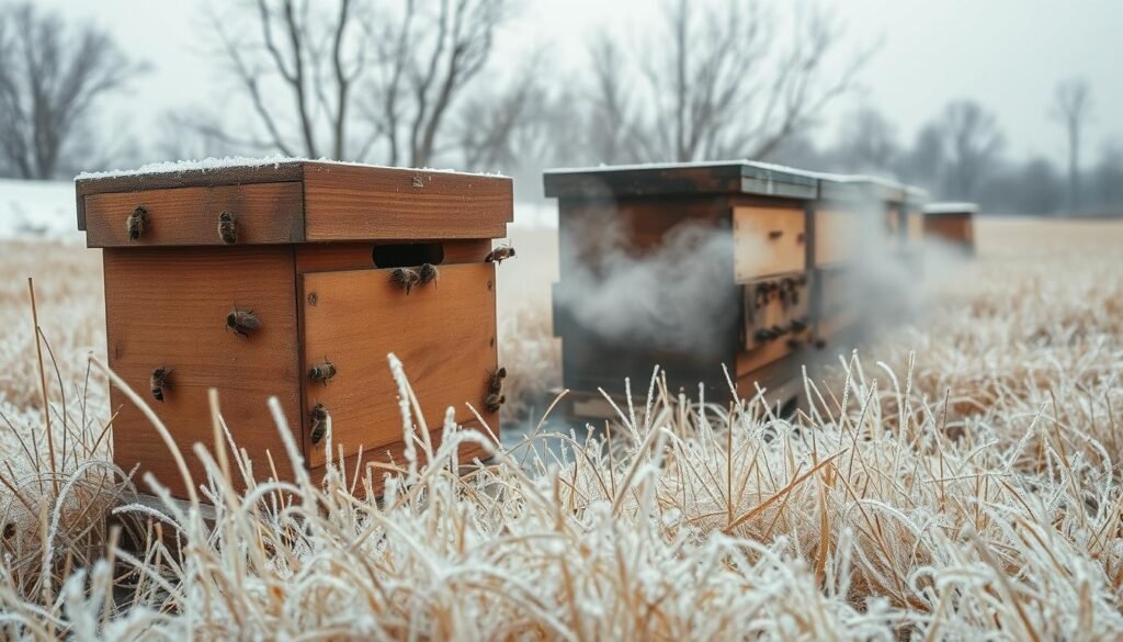 A serene beekeeping scene showcasing the effects of humidity in a winter setting. In the foreground, a close-up of a wooden beehive, slightly damp and glistening with frost, surrounded by pale, moist grass covered in a light dew. The middle ground features a gentle layer of white mist swirling around the hives, with bees either clustered near the entrance or resting on the hive body, showcasing adaptive behavior to damp conditions. In the background, a muted winter landscape with bare trees and an overcast sky, casting a soft, diffused light that enhances the humid atmosphere. Capture the mood of tranquility and subtle tension in this chilly environment. Shot with a wide-angle lens to encompass the entire scene, focusing on the details of moisture. A serene beekeeping scene showcasing the effects of humidity in a winter setting. In the foreground, a close-up of a wooden beehive, slightly damp and glistening with frost, surrounded by pale, moist grass covered in a light dew. The middle ground features a gentle layer of white mist swirling around the hives, with bees either clustered near the entrance or resting on the hive body, showcasing adaptive behavior to damp conditions. In the background, a muted winter landscape with bare trees and an overcast sky, casting a soft, diffused light that enhances the humid atmosphere. Capture the mood of tranquility and subtle tension in this chilly environment. Shot with a wide-angle lens to encompass the entire scene, focusing on the details of moisture.