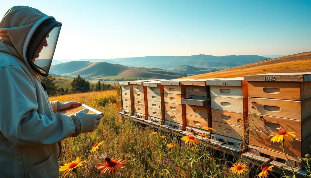 A serene countryside landscape showcasing a dedicated beekeeper managing multiple hives. In the foreground, the beekeeper, dressed in professional beekeeping gear with a veil, inspects a hive, displaying a look of concentration. Next to them, several well-maintained beehives are arranged neatly, each labeled with a different number, representing the varying hive count one person can manage. In the middle ground, vibrant wildflowers bloom, and bees are buzzing around, emphasizing the thriving ecosystem. The background features rolling hills and a blue sky, bathed in soft, warm sunlight, creating a calm and focused atmosphere. Use a wide-angle lens to capture the expansive scene, highlighting the relationship between the beekeeper and the hives, projecting a sense of harmony and dedication.
