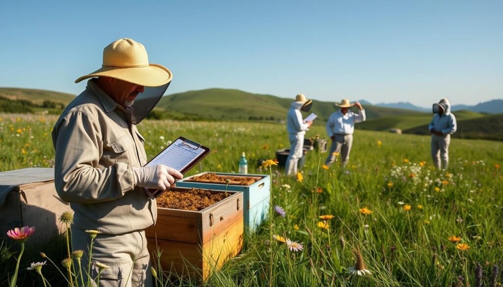 A serene field scene showcasing U.S. beekeeping, with beekeepers in professional attire conducting field reports. In the foreground, a beekeeper inspects a wooden hive surrounded by healthy colonies, holding a clipboard filled with notes. The middle ground features vibrant wildflowers and green grass, with additional beekeepers discussing findings under a clear blue sky. In the background, rolling hills can be seen, with subtle signs of pesticide impact, illustrated by patches of wilting flowers. Soft, natural lighting casts gentle shadows, evoking a tranquil yet serious mood, emphasizing the urgency of understanding bee health. The image captures the essence of field reports, highlighting the intricate relationship between beekeeping and environmental challenges, with no text or distractions present.