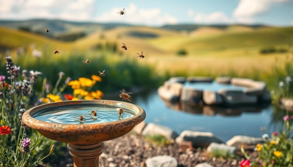 A serene garden scene showcasing "water bees," represented as small, ethereal bees gently hovering above various fresh, clean water sources. In the foreground, a rustic birdbath filled with crystal-clear water attracts these delicate creatures, while colorful flowers such as lavender and marigold bloom nearby, creating a vibrant habitat. In the middle ground, a small, natural pond reflects the sky and surrounded by lush greenery, offering a safe and accessible water source for honey bees. The background features a soft-focus landscape with gentle rolling hills under a bright, sunny sky, enhancing the tranquil atmosphere. The lighting is warm and inviting, casting soft shadows and highlighting the bees' intricate patterns. The overall mood is peaceful and harmonious, emphasizing the essential relationship between bees and water.