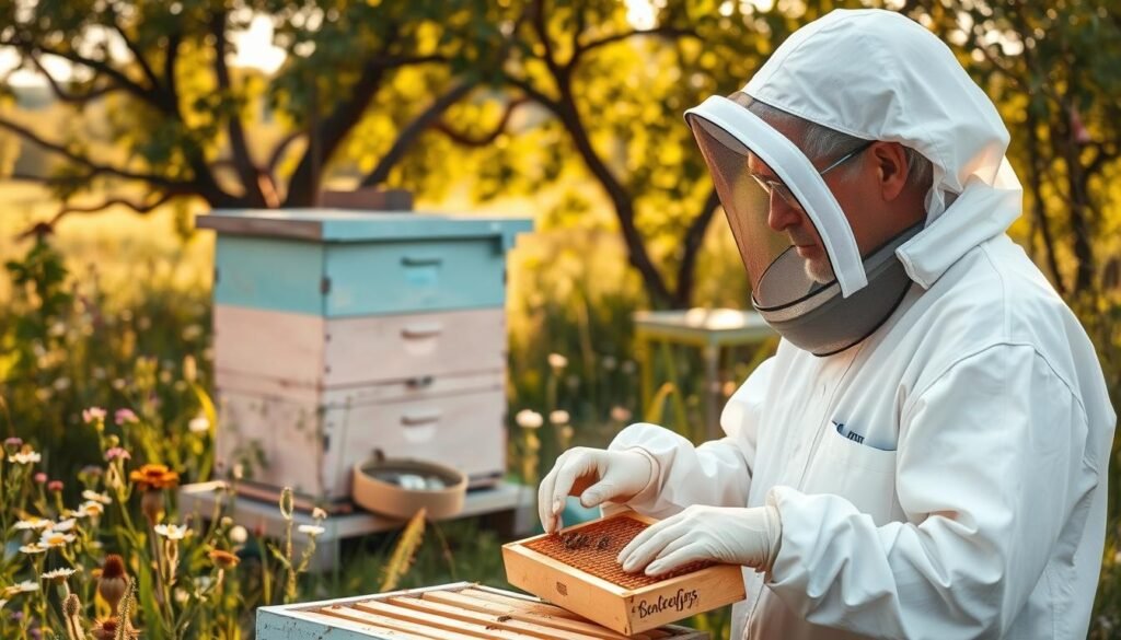 A serene hive inspection scene set in a lush rural landscape. In the foreground, a beekeeper in a white protective suit and veil is calmly examining frames of honeycomb, carefully inspecting for pests and diseases. The middle ground showcases a well-maintained beehive, painted in soft pastel colors, with bees gently buzzing around the entrance. In the background, wildflowers bloom and various trees provide dappled sunlight filtering through the leaves, creating a relaxed and peaceful atmosphere. The lighting is warm and golden, reminiscent of late afternoon sun, conveying a sense of tranquility. The image captures the beekeeper's focus and gentle demeanor, emphasizing a stress-free approach to hive inspections. A serene hive inspection scene set in a lush rural landscape. In the foreground, a beekeeper in a white protective suit and veil is calmly examining frames of honeycomb, carefully inspecting for pests and diseases. The middle ground showcases a well-maintained beehive, painted in soft pastel colors, with bees gently buzzing around the entrance. In the background, wildflowers bloom and various trees provide dappled sunlight filtering through the leaves, creating a relaxed and peaceful atmosphere. The lighting is warm and golden, reminiscent of late afternoon sun, conveying a sense of tranquility. The image captures the beekeeper's focus and gentle demeanor, emphasizing a stress-free approach to hive inspections.