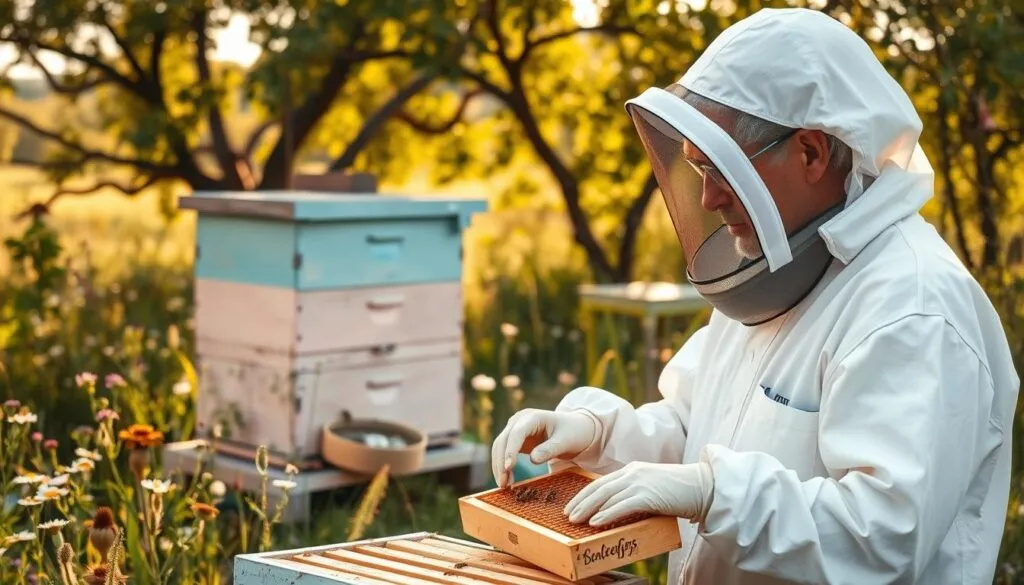 A serene hive inspection scene set in a lush rural landscape