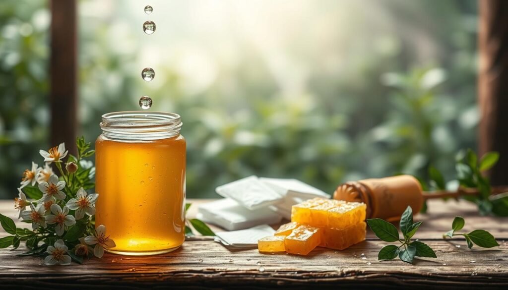 A serene, humid environment depicting high-moisture honey in a rustic setting. In the foreground, a clear glass jar of honey exudes droplets, symbolizing moisture, surrounded by dew-kissed flowers and lush green herbs. In the middle, a well-worn wooden table displays moisture-absorbing material like silica gel packets, with a couple of honeycomb pieces nearby. The background consists of soft, blurred lush foliage shrouded in a gentle mist, capturing the essence of humidity. Use soft, diffused lighting to highlight the honey's golden hues while creating a warm, inviting atmosphere. A shallow depth of field will draw attention to the honey jar, evoking a sense of comfort and tranquility. The overall mood conveys warmth and the importance of environmental control in honey preservation.