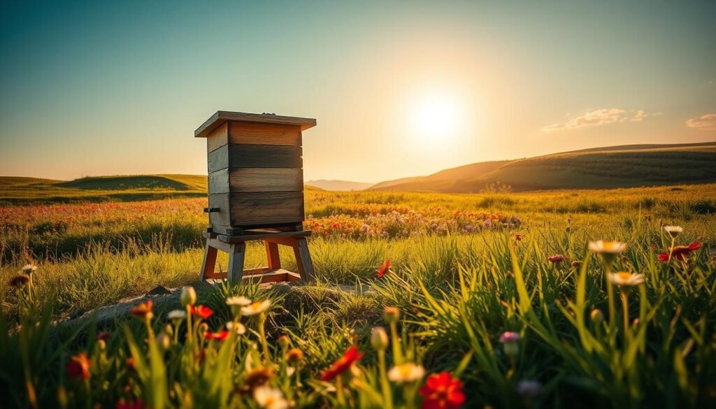 A serene landscape featuring a well-chosen hive site for bees, ideal for attracting them. In the foreground, a rustic wooden beehive sits on a stable stand surrounded by vibrant wildflowers and lush green grass. The middle layer includes a gentle, sun-dappled area with wildflower patches, providing a colorful contrast to the earth tones of the hive. In the background, there are low hills and a clear blue sky illuminated by warm, golden sunlight, suggesting a peaceful afternoon. The atmosphere is tranquil and inviting, emphasizing a natural habitat. The image should be captured from a low angle, enhancing the hive's prominence, with soft focus on surrounding flora, highlighting the importance of site selection for bee attraction.