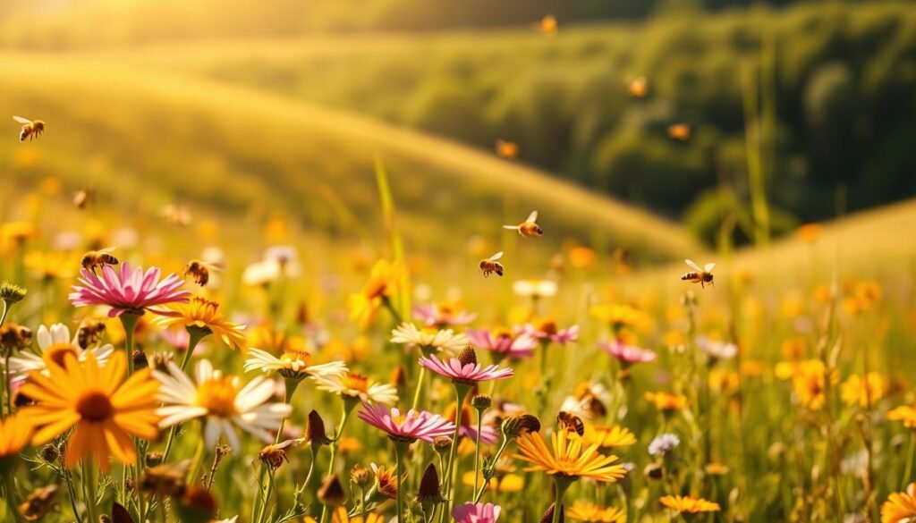 A serene landscape showcasing a vibrant field of wildflowers, buzzing with honey bees foraging at various distances. In the foreground, several bees can be seen hovering close to bright blooms, their delicate wings shining in the soft golden sunlight. The middle ground features a gentle slope populated by diverse wildflower species in full bloom, with bees flying in different directions, illustrating their foraging patterns. The background consists of a blurred, sunlit meadow fading into a distant forest, creating a sense of depth. The overall atmosphere is bright and lively, capturing the essence of nature’s harmony. The image should have a soft focus with warm, natural lighting reminiscent of a late afternoon, enhancing the idyllic scene of these industrious pollinators at work.