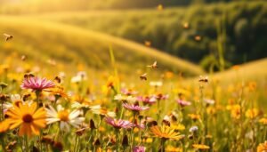 A serene landscape showcasing a vibrant field of wildflowers, buzzing with honey bees foraging at various distances