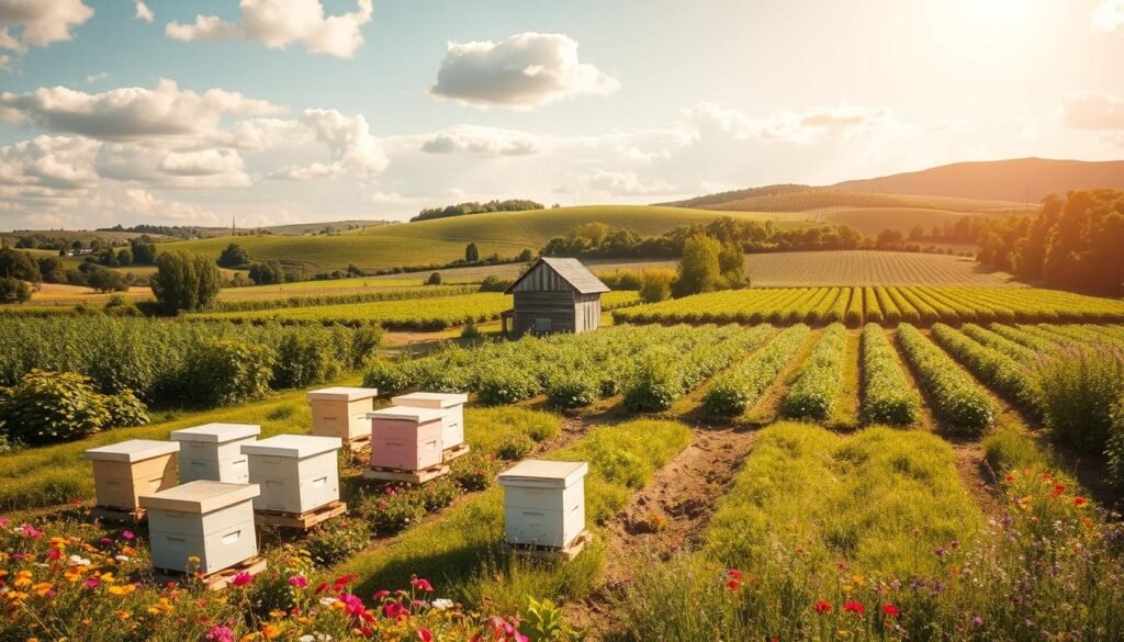A serene landscape showcasing a well-organized agricultural plot divided into clear areas designated for beekeeping, vegetable farming, and wildflower patches. In the foreground, neatly arranged beehives painted in soft pastels, surrounded by colorful blooms that attract pollinators. The middle ground features a small, rustic barn and rows of lush greenery, creating a contrast between human cultivation and natural habitats. In the background, rolling hills under a bright, sunlit sky dotted with fluffy clouds, conveying a sense of harmony and balance in land use. The lighting is warm and inviting, casting soft shadows that enhance the pastoral beauty. The overall mood is peaceful and industrious, illustrating the importance of thoughtful land use planning in agriculture and zoning.