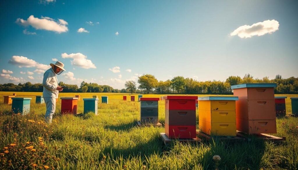 A serene landscape showcasing beehives in a sun-drenched field, with the temperature reaching extreme highs. In the foreground, two beekeepers in professional attire are carefully inspecting hives, looking attentive and thoughtful. The beehives are painted in bright colors, surrounded by lush green grass and scattered wildflowers, emphasizing the need for protection. In the middle ground, a boundary of trees provides partial shade, illustrating one of the strategies for managing heat. The background reveals a clear blue sky with a few fluffy clouds, but hints of heat distortion shimmer above the hives. The lighting is warm and golden, casting soft shadows, creating a calm yet urgent atmosphere, reflecting the article's focus on effective management of environmental triggers.