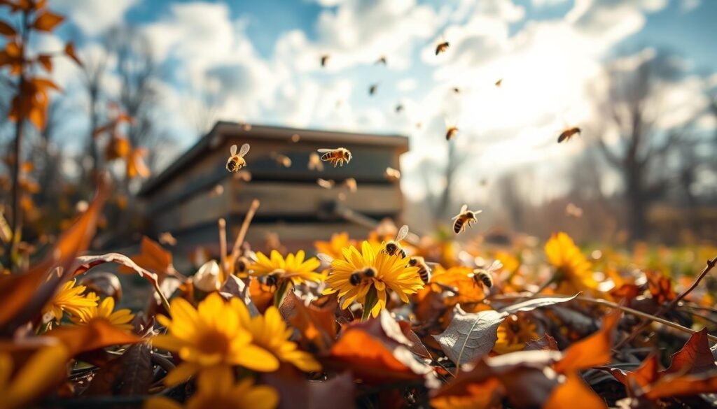 A serene, late autumn scene depicting bees engaging in cleansing flights on a warm winter day. In the foreground, a close-up of several honeybees buzzing around a garden, some hovering over vibrant yellow and purple flowers. The middle layer shows the beehive nestled among dry, colorful autumn leaves, with a few bees flying to and from the entrance. In the background, a soft focus of a hazy blue sky, hinting at the warmth of the sun breaking through scattered clouds, creating a gentle golden light that casts a warm glow over the entire scene. A tranquil atmosphere of preparation and transition, with a sense of calm anticipation as the bees begin to ready themselves for the winter ahead.