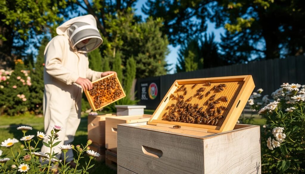 A serene outdoor backyard setting illustrating the delicate process of installing a nuc of bees. In the foreground, a well-dressed beekeeper in a light-colored, modest bee suit carefully transfers frames filled with bees, honeycomb, and brood into a wooden hive. The beekeeper is focused and gentle, showcasing the importance of the task. In the middle ground, a wooden nuc box is open, revealing the queen bee marked with a colored dot among the frames. Lush greenery and blooming flowers surround the apiary, while soft morning sunlight filters through the trees, casting warm shadows. In the background, a clear blue sky adds to the calm atmosphere. The scene conveys a sense of tranquility and respect for nature.
