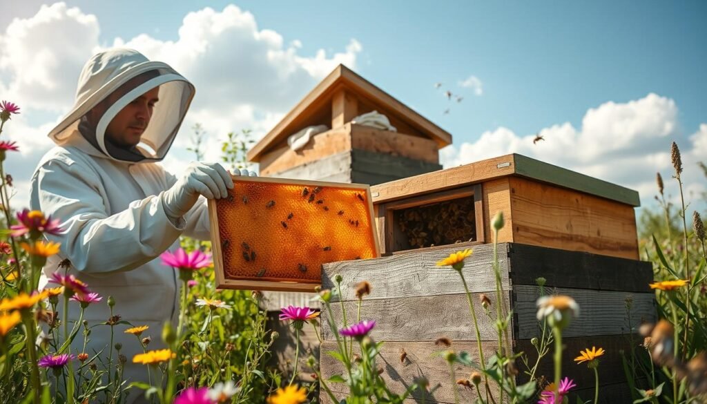 A serene outdoor scene showcasing a beginner beekeeper in a light-colored, protective bee suit and veil, gently inspecting a wooden beehive surrounded by vibrant wildflowers and lush greenery. In the foreground, the beekeeper holds a frame filled with golden honeycomb, bees bustling with activity. The middle ground features the beehive, partially open to reveal the intricate structure inside, with bees hovering and entering. In the background, a bright blue sky with fluffy white clouds bathes the scene in warm afternoon sunlight. The atmosphere conveys a sense of tranquility and curiosity, inviting viewers to explore the art of beekeeping as a rewarding and peaceful endeavor. The image is taken from a slightly elevated angle to capture both the beekeeper and the hive in detail, emphasizing the connection to nature.
