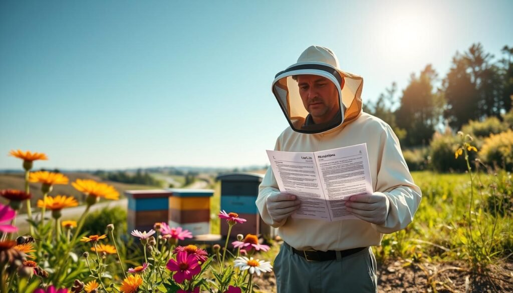 A serene outdoor setting featuring a professional beekeeper, wearing a protective suit, carefully examining local regulations displayed on a clipboard while standing near well-placed beehives. In the foreground, vibrant flowers bloom, creating a natural barrier around the hives. The middle layer showcases a couple of beehives, painted in earthy colors, positioned with safe distances between them, emphasizing compliance with local rules. The background presents a picturesque landscape with distant trees and a clear blue sky, casting soft, warm sunlight over the scene. The atmosphere is calm and informative, conveying the importance of following local beehive placement regulations, inviting readers into a world of responsible beekeeping practices.