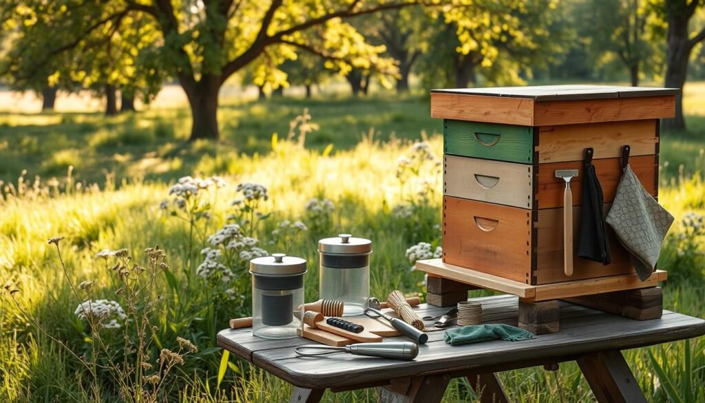 A serene rural setting showcasing essential beekeeping equipment for starting an apiary. In the foreground, a wooden beehive with vibrant, painted boxes awaits its new occupants, surrounded by tools like a smoker, hive tool, and protective gear neatly arranged on a rustic wooden table. The middle ground features blooming wildflowers and a soft patch of green grass, while a gentle, warm sunlight filters through the trees in the background, creating dappled patterns on the ground. The atmosphere is calm and inviting, emphasizing the joy and tranquility of beginning a beekeeping journey. Capture this scene with a slightly elevated angle to encompass the entire setup, using soft, natural lighting to bring warmth and clarity to the image.