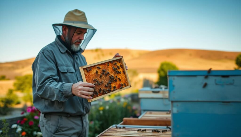 A serene scene depicting a professional beekeeper in modest casual attire, thoughtfully examining a beehive. In the foreground, the beekeeper holds a frame filled with honeycomb, showcasing the meticulous decision-making process of moving a hive. The middle ground features a well-maintained garden with colorful flowers attracting bees, illustrating the hive's environment. The background is a gentle landscape, featuring rolling hills and a clear blue sky, suggesting a peaceful rural setting. Warm, natural lighting casts soft shadows, enhancing the calm yet focused atmosphere of the scene. A slight depth of field blurs the background, emphasizing the beekeeper and the hive, creating a harmonious composition that showcases the art of hive management and relocation.