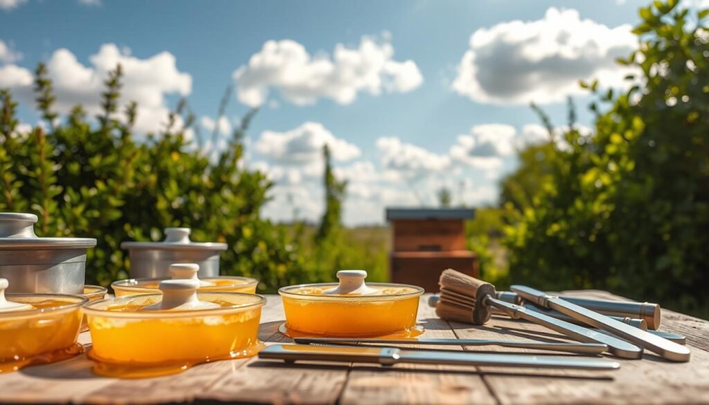 A serene scene featuring a sunny outdoor setting for drying beekeeping equipment after honey extraction. In the foreground, several honey extractors are laid out on a rustic wooden table, glistening with residual honey. Nearby, gleaming stainless steel tools like uncapping knives and brushes are arranged neatly. In the middle ground, vibrant green shrubbery and a beehive peek through the blurred depths, creating an inviting atmosphere. The background features a blue sky dotted with fluffy white clouds, casting soft natural light that enhances the freshness of the scene. The image captures a sense of cleanliness, organization, and care, emphasizing the importance of maintaining beekeeping gear in a bright, encouraging light.