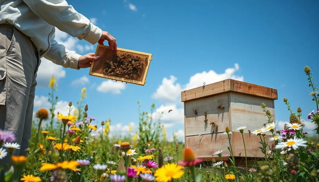 A serene spring landscape showcasing a well-tended beehive surrounded by blooming wildflowers
