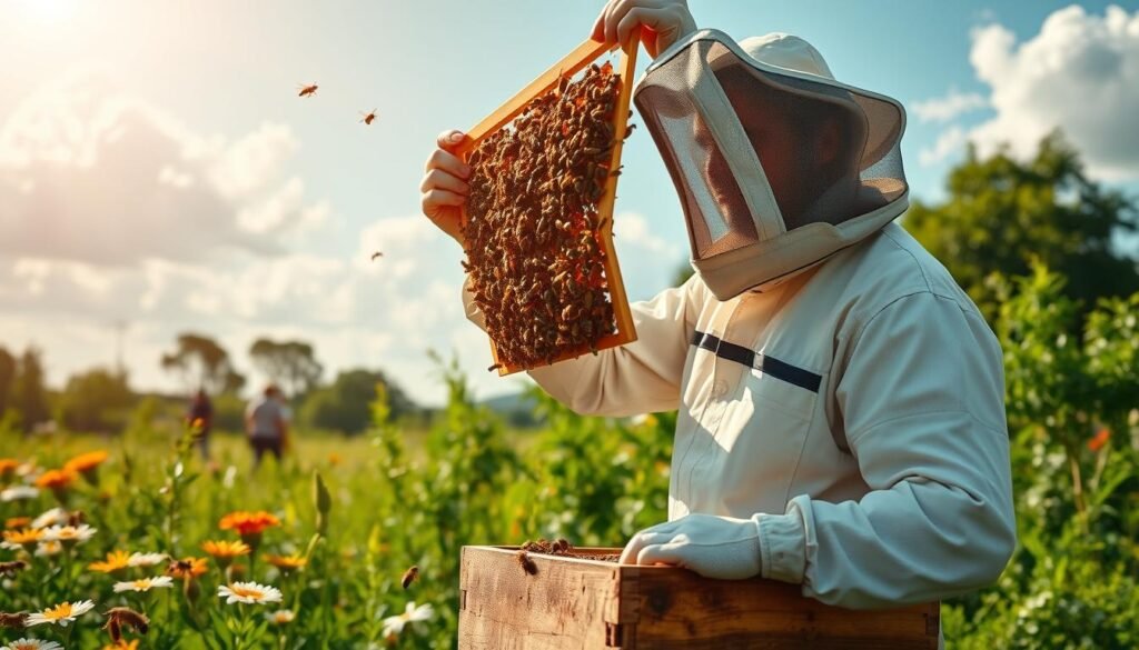 A serene, sunny afternoon scene of a beekeeper inspecting a honey bee hive in a lush green garden. In the foreground, the beekeeper, dressed in professional casual attire with a light-colored protective veil, gently lifts a frame covered in bees, showcasing their busy activity. The middle ground features the wooden bee hive adorned with colorful flowers around it, while bees can be seen flying busily nearby. The background reveals a clear blue sky with soft, fluffy clouds and distant trees, evoking a calm atmosphere. The lighting is warm and natural, emphasizing the golden hues of the honey and bees as well as creating soft shadows that enhance depth in the scene.