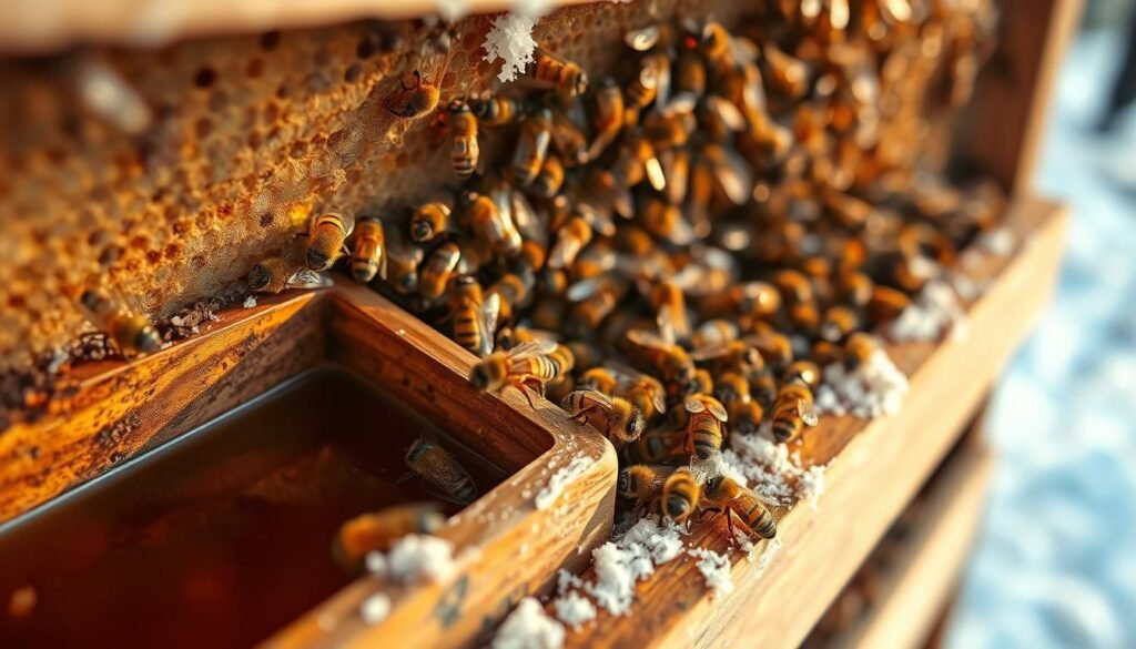 A serene winter scene inside a beehive, showcasing supplemental feeding for honey bees. In the foreground, a close-up of a wooden feeder filled with sugar syrup, with bees actively feeding. The middle ground features clusters of bees, their delicate wings glistening under soft, warm lighting. A light frost coats the hive, highlighting the contrast between the cold outside and the warmth within. In the background, blurred honeycomb cells filled with honey, hinting at the hive's structure. The overall atmosphere is one of nurturing and resilience, captured through a warm color palette. The image is shot from a slightly elevated angle, emphasizing the importance of supplemental feeding during winter months.