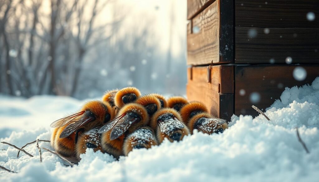 A serene winter scene showcasing a cluster of winter bees nestled within a beehive surrounded by snowflakes. In the foreground, the fat winter bees are depicted huddled together, their fuzzy bodies glistening with frost, exhibiting a range of brown and amber hues. The middle ground features a wooden beehive, slightly weathered and dusted with a light layer of snow, emphasizing the cold environment. In the background, gently falling snowflakes create a soft atmosphere, with a muted winter landscape of leafless trees. The lighting is soft and diffused, mimicking early morning light that enhances the tranquil, peaceful mood of winter. The angle should be slightly elevated, focusing on the bees while capturing the hive and snowy surroundings, creating a sense of warmth in a cold world.