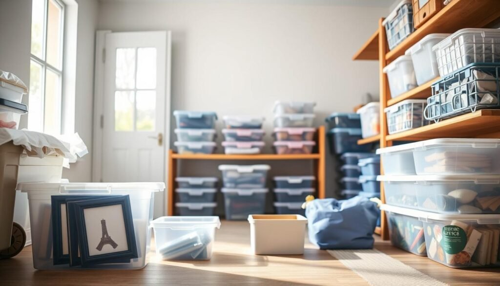 A spacious, well-organized storage area showcasing a variety of airtight plastic storage containers, including clear bins, resealable bags, and sealed totes. In the foreground, a sturdy, translucent plastic tote with a secure lid is slightly open, revealing neatly stored picture frames protected inside, with a few colorful storage bags beside it. The middle ground features additional airtight containers stacked neatly on wooden shelves, illuminated by soft, diffused natural light filtering through a nearby window, creating a serene atmosphere. In the background, a clean, tidy storage space enhances the sense of organization, with a subtle focus on pest-free preservation. The composition captures a practical and inviting mood, emphasizing effective storage solutions for vulnerable items.