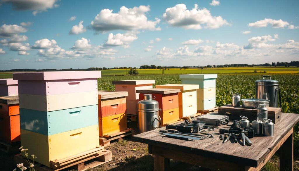 A sunny, outdoor scene showcasing a well-organized migratory beekeeping setup. In the foreground, a series of vibrant beehives painted in soft pastels, arranged neatly on pallets, with some surrounded by delicate wildflowers. The middle ground features essential beekeeping equipment: smokers, hive tools, and protective gear, all in polished aluminum and sturdy wood, arranged meticulously on a rustic wooden table. In the background, a lush landscape of green fields and distant trees under a blue sky with soft, fluffy clouds. The lighting is bright and natural, casting warm, inviting shadows that enhance the professional atmosphere. The overall mood is one of harmony between nature and diligent beekeeping logistics, emphasizing safety and care in hive movement. A sunny, outdoor scene showcasing a well-organized migratory beekeeping setup. In the foreground, a series of vibrant beehives painted in soft pastels, arranged neatly on pallets, with some surrounded by delicate wildflowers. The middle ground features essential beekeeping equipment: smokers, hive tools, and protective gear, all in polished aluminum and sturdy wood, arranged meticulously on a rustic wooden table. In the background, a lush landscape of green fields and distant trees under a blue sky with soft, fluffy clouds. The lighting is bright and natural, casting warm, inviting shadows that enhance the professional atmosphere. The overall mood is one of harmony between nature and diligent beekeeping logistics, emphasizing safety and care in hive movement.