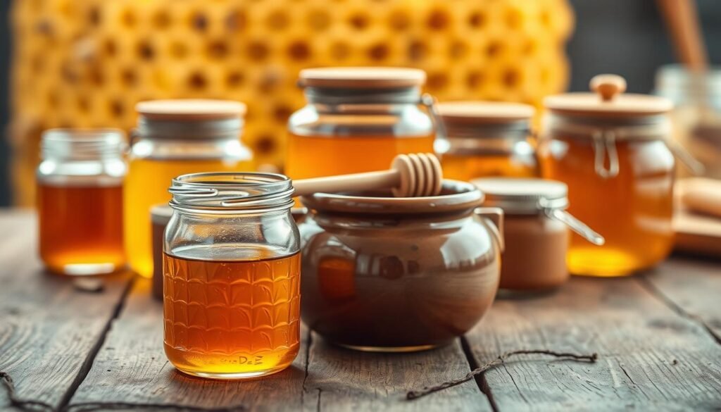 A variety of honey containers displayed elegantly on a rustic wooden table. In the foreground, a clear glass jar filled with golden honey, showcasing its glistening texture, alongside a ceramic pot with a wooden honey dipper resting on the rim. In the middle, different styles of honey jars, including eco-friendly glass and traditional clay pots, all reflecting warm tones. The background features a softly blurred beehive or a honeycomb pattern, enhancing the theme. Use soft, natural lighting to illuminate the scene, capturing the essence of sweetness and warmth. Aim for a shallow depth of field to create a cozy, inviting atmosphere that emphasizes the honey storage containers while maintaining a clean and professional look. No text or additional elements should be present.