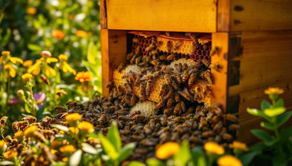 A vibrant and busy beehive scene in a sunlit garden, focusing on the hive’s entrance surrounded by diligent bees. In the foreground, show bees actively removing old comb and pollen, showcasing their teamwork. The middle ground features a rustic wooden hive with distinct details, like a removable top and frames filled with honeycomb. The background contains lush green foliage and colorful flowers, creating a welcoming environment for bees. The light is warm and golden, casting soft shadows that enhance the scene's natural beauty. The angle is slightly elevated, providing a clear overview of the hive dynamics, evoking a sense of harmony and productivity. The overall atmosphere is lively and cheerful, emphasizing the importance of a clean hive environment for healthy bee behavior.