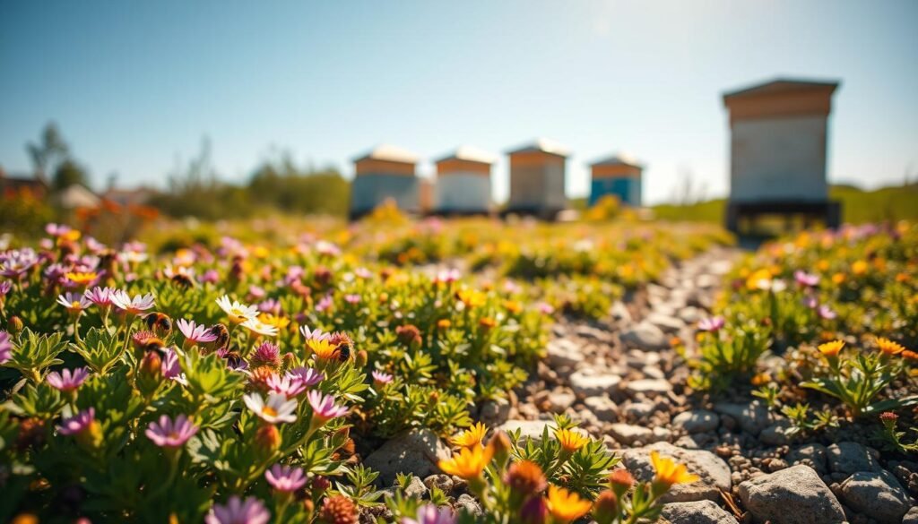 A vibrant and lush apiary garden scene showcasing a variety of ground cover plants in full bloom during a sunny day. In the foreground, colorful flowers such as clover and creeping thyme are teeming with busy bees, illustrating their role as essential pollinators. The middle ground features an array of ground plants attracting insects, surrounded by small, rocky pathways that lead to hives, lightly dusted with golden sunlight. In the background, softly blurred beehives stand beneath a clear blue sky, enhancing the serenity of the scene. The lighting is warm and inviting, evoking a peaceful atmosphere in the vibrant ecosystem. Make sure the image is free from text or watermarks, focusing solely on the harmony of nature and its pollinators.
