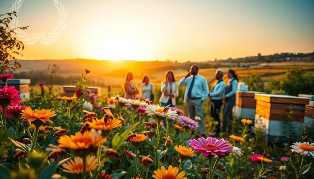 A vibrant and lush garden buzzing with activity, foreground showcasing honeybees in close-up, delicately hovering around colorful flowers, collecting nectar. In the middle ground, a diverse group of people in professional attire engage in discussions, pointing towards a clear sky with the United Nations Sustainable Development Goals (SDGs) icons subtly integrated into the clouds, symbolizing harmony between nature and societal progress. The background features a serene landscape with rolling hills, beehives, and a warm sunset casting soft golden light, illuminating the scene. The atmosphere is hopeful and educational, reflecting the essential role of bees in achieving sustainable development. Use a wide-angle lens for depth, emphasizing both the bees and the human activity in a well-balanced composition.