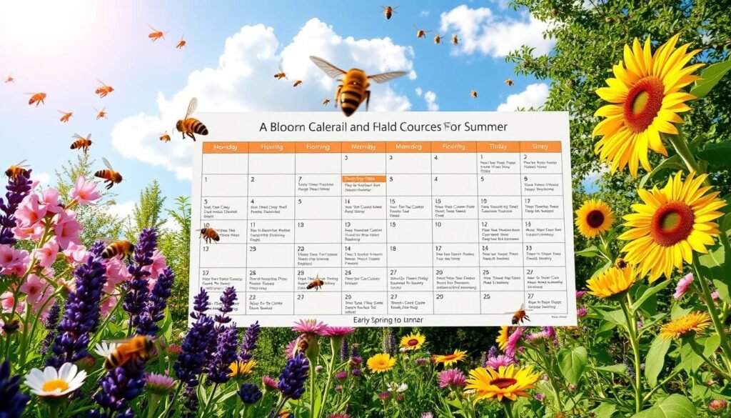 A vibrant bloom calendar highlighting nectar-rich flowers and pollen sources for bees throughout early spring to summer. In the foreground, a variety of colorful blossoms, such as cherry blossoms, lavender, and sunflower, attract busy bees in flight. The middle ground features a well-organized calendar grid, marked with flowering times for each tree species, seamlessly integrated into a lush, natural garden setting. The background showcases a sunny blue sky with soft, fluffy clouds, casting warm sunlight over the scene. The atmosphere is lively and welcoming, evoking the buzz of bees and the joy of blooming seasons. A wide-angle lens captures the whole scene, giving a detailed yet harmonious view, emphasizing the importance of planning for bee-friendly gardens.