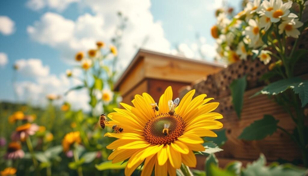 A vibrant close-up of a busy beehive nestled in a lush green garden, showcasing bees in a variety of activities—pollinating flowers, gathering nectar, and tending to their hive. In the foreground, a few bees are perched on a bright yellow sunflower, their delicate wings glimmering in the gentle sunlight. The middle of the composition features the wooden beehive, framed by blooming plants, evoking a sense of harmony with nature. The background includes soft-focus greenery and a blue sky with fluffy white clouds, creating an inviting atmosphere. The lighting is warm and golden, enhancing the natural beauty of the scene. Overall, the mood is peaceful and productive, reflecting the essence of chemical-free beekeeping and the essential role bees play in our ecosystem.