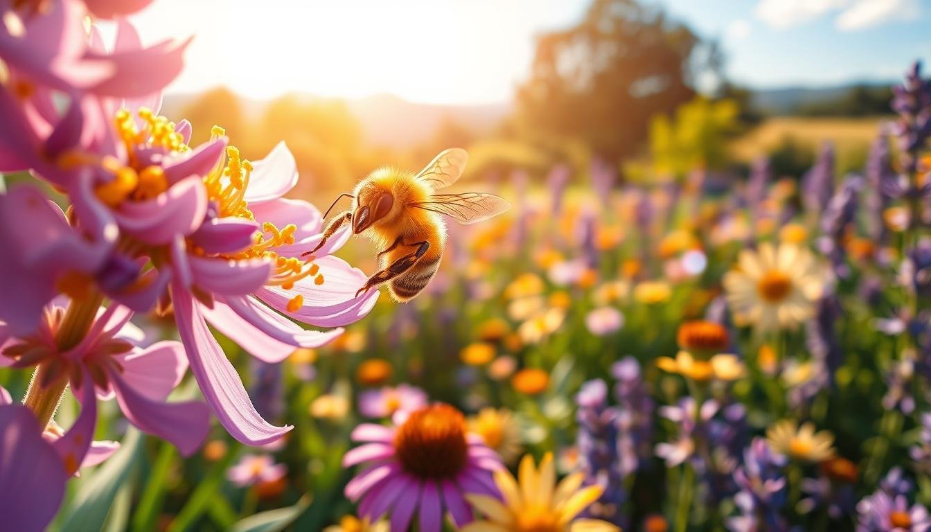 A vibrant close-up of a honeybee delicately collecting nectar from a blooming lavender flower, surrounded by golden grains